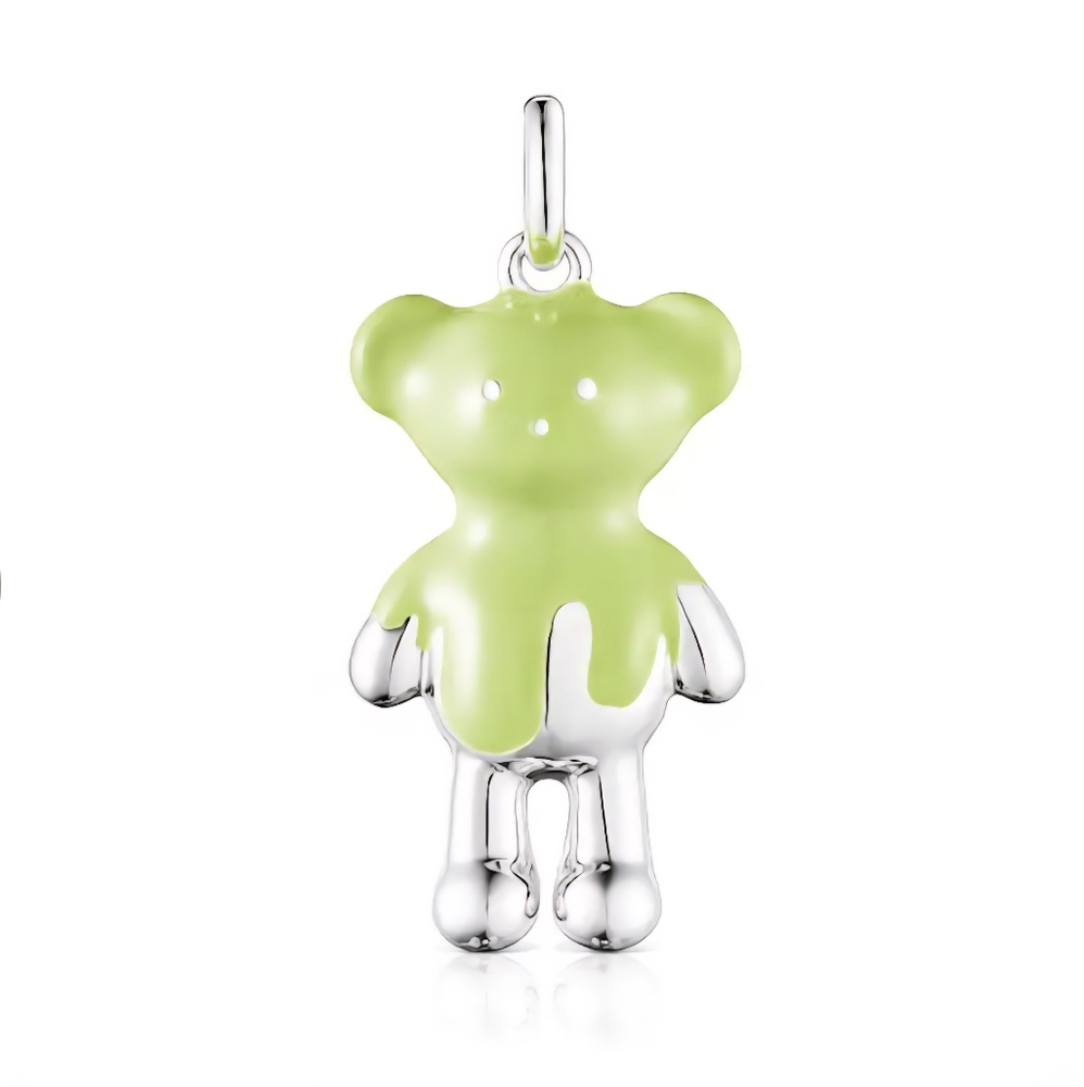Tous Silver Teddy Bear Pendant with Green Enamel